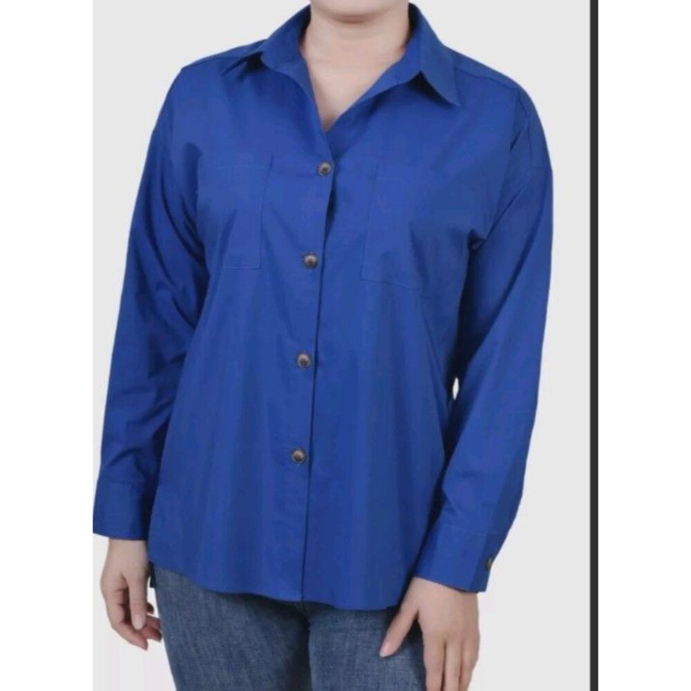NY Collection Women's Blue Long Sleeve Blouse Top Petite Size PL